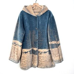 Alpine Studio Reversible Fleece Hooded Jacket Winter Snow Cabin Trees Size XL